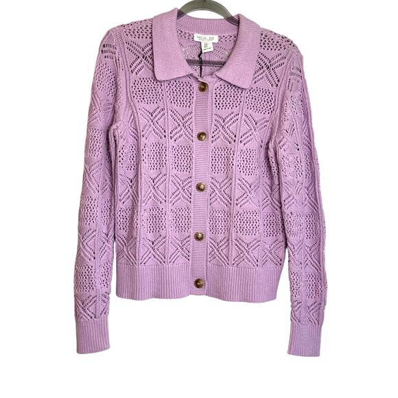 Rachel Zoe Sweaters - Rachel Zoe Crochet Open Knit Polo Cardigan Sweater Size M Purple Cottagecore NWT